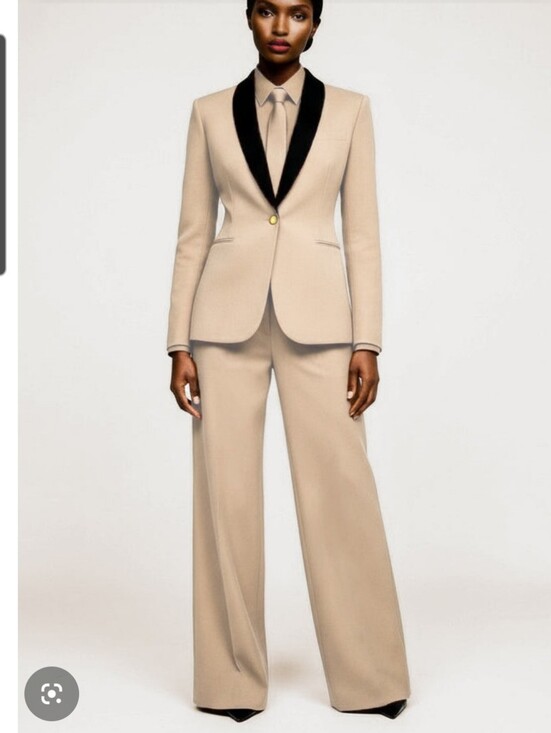 Jackets & Blazers - Beige Women's Two-Piece Suit with Black Satin Lapel